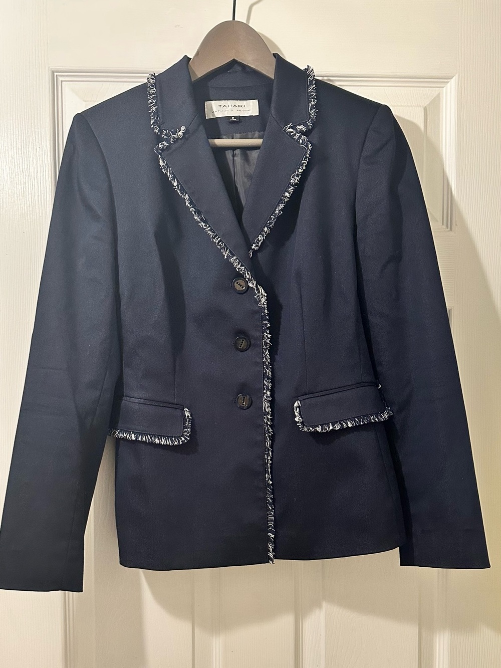 Tahari Navy Fringe-Trim Blazer